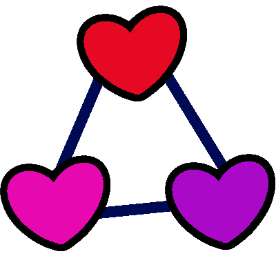 an image of 3 hearts in a triangle shape being linked together by dark blue lines. the top heart is red, left is pink and right is purple, each has a thick black outline.